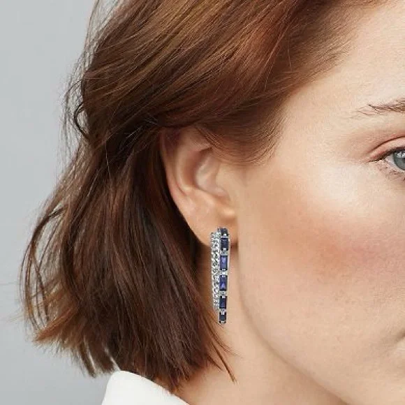 Double Hoop Blue Baguette Stone Earrings Twisted Rope Latch Back - Picture 2 of 3